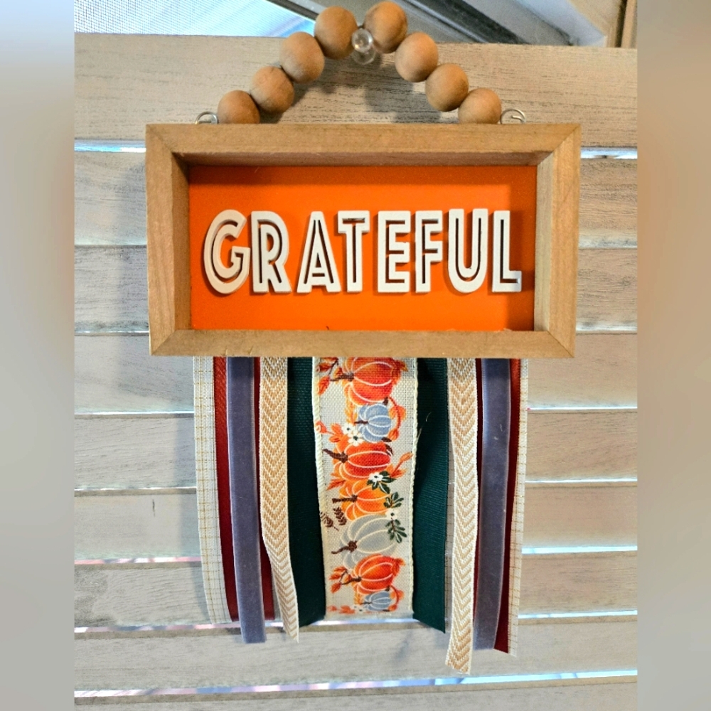 Greatful Autumn Pumpkins Fall Wall Decor Rustic Country Home Office Wood Ribbon